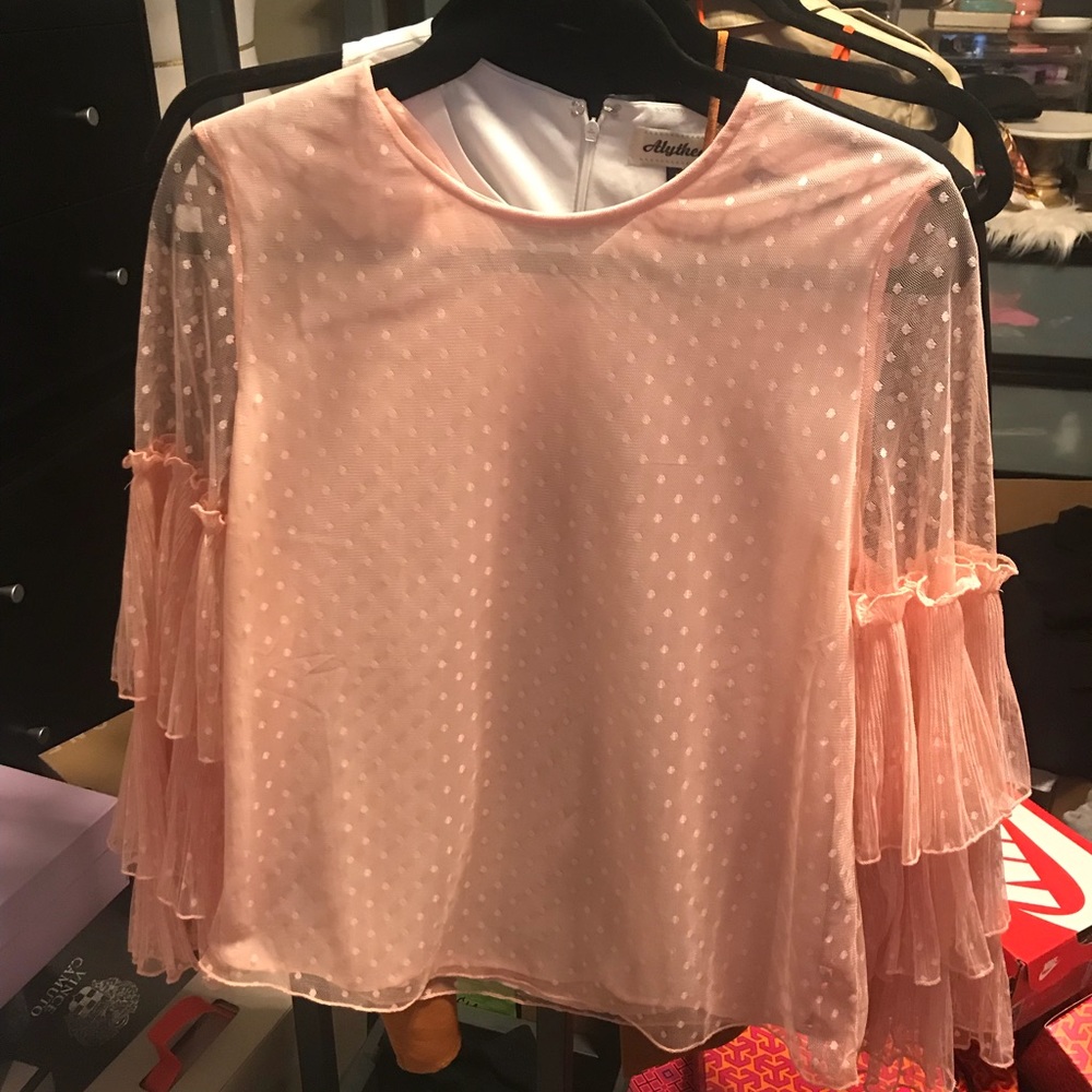 Pink polka dot tiered ruffle blouse M